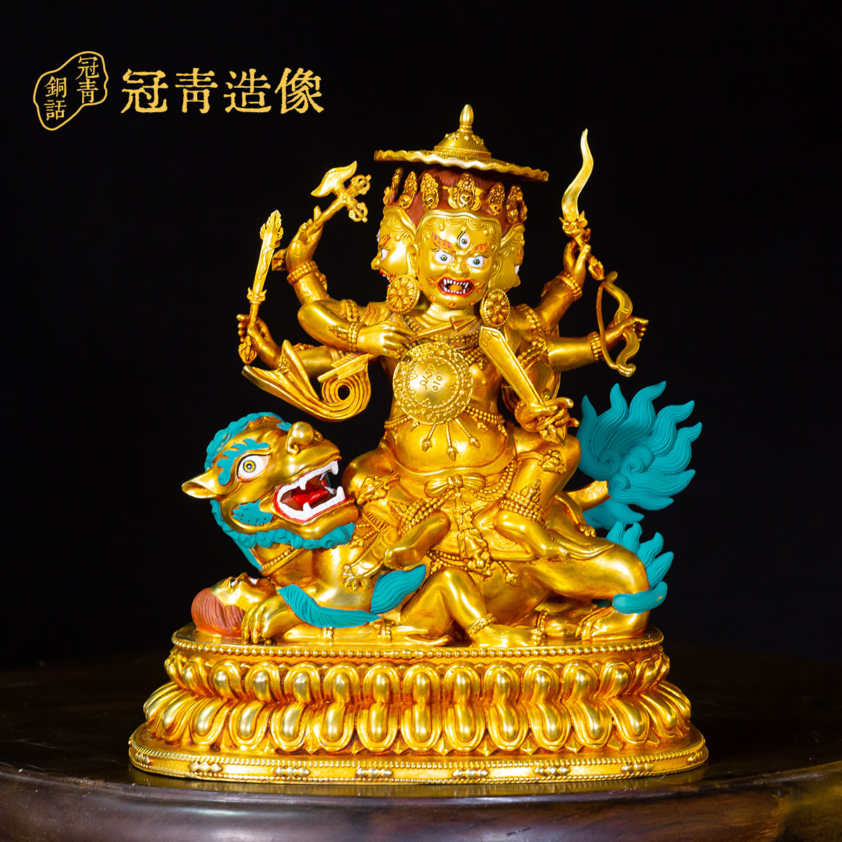 冠青造像  七寸乃琼护法 (白蛤尔王)-老皮壳鎏金  精品仿古鎏金铜像